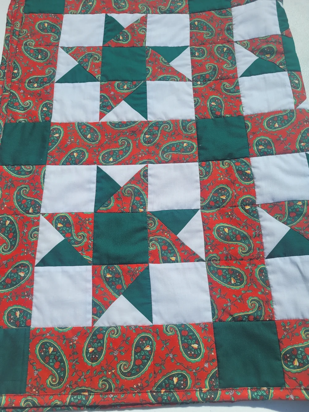 Handmade, Red, Green, White And Paisley Printed Quilted Throw. Dry Clean Only.